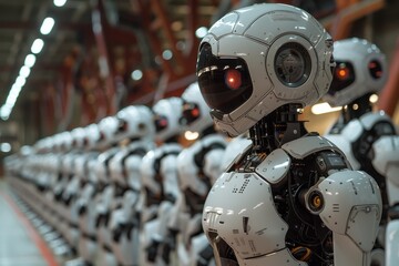 Fototapeta premium A group of child-sized robots playing soccer in a high-tech indoor stadium, with advanced AI controlling their movements.