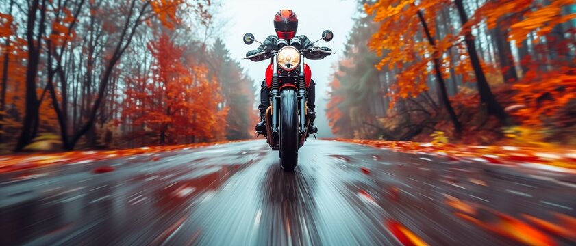 Man rides a motorcycle on the road at sunset in during the golden hour,