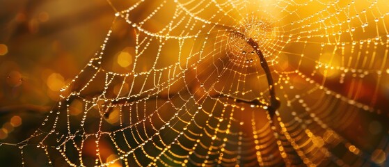 Naklejka premium A high-definition close-up of dewdrops on a spiderweb, glistening in the early morning light with intricate details of the web strands