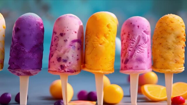Summer Ready: Vibrant Array of Frozen Treats in a Row with Copy Space and Selective Focus. Concept Summer treats, Vibrant colors, Copy space, Selective focus, Frozen desserts