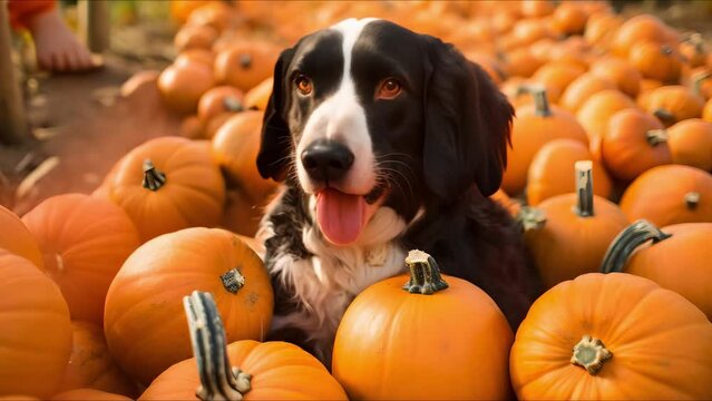 Playful English Springer Spaniel in an autumn pumpkin patch portrait. Concept Pets, Autumn, Portraits, Playful Poses, Pumpkin Patch