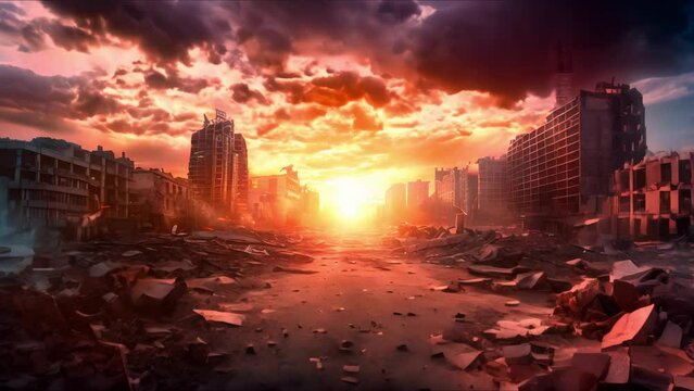 Desolate city street destroyed by war portrays a postapocalyptic film poster concept. Concept Postapocalyptic, War-Torn Cityscape, Film Poster, Desolation, Destruction