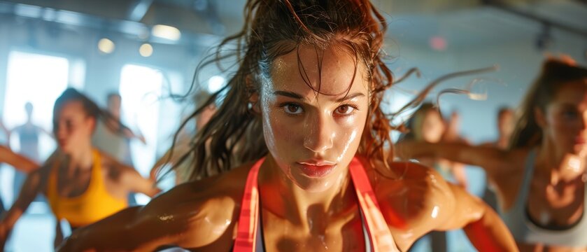 A high-energy fitness class with participants working out intensely - Powered by Adobe