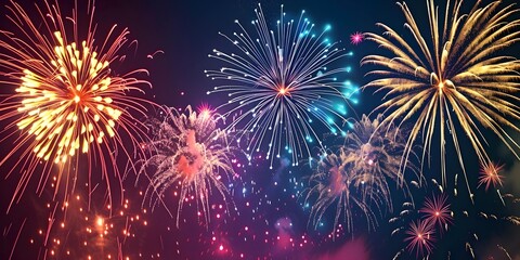 Naklejka premium Beautiful colorful firework show in sky at night for celebration happy new year party and copy space