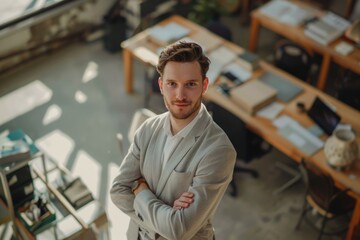 Fototapeta premium A person standing in an office with their arms crossed, ready for a meeting or discussion