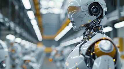 Fototapeta premium A 3D humanoid robot working in an automated factory, representing futuristic modern technology and AI in industrial production lines.