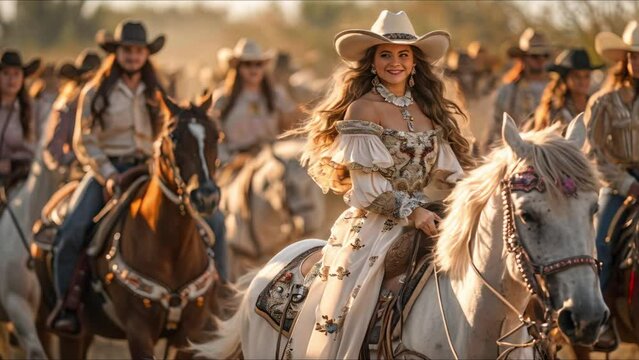 Rodeo queen in grand entry on decorated horse leading procession with grace and poise. Concept Rodeo Queen, Grand Entry, Decorated Horse, Procession, Graceful Poses