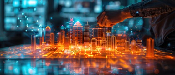 Fototapeta premium A high-tech urban planning session with holographic models