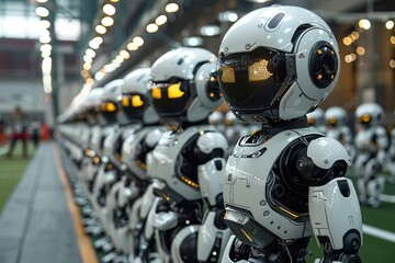 Fototapeta premium A group of child-sized robots playing soccer in a high-tech indoor stadium, with advanced AI controlling their movements.