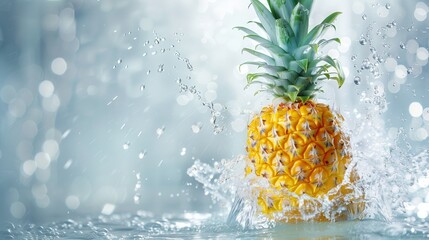 Pineapple splashing in water against a clean background. The vibrant colors of the lemon and the refreshing splashes evoke a sense of summer fun and enjoyment.