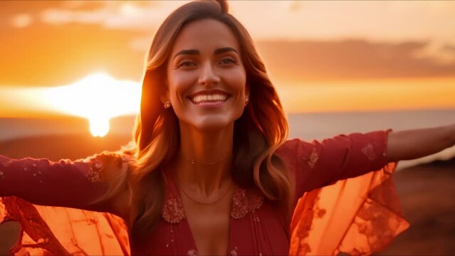 Happy woman with closed eyes arms open enjoying sunset at the beach. Concept Outdoor Photoshoot, Happy Moments, Sunset at Beach, Joyful Portrait, Nature Beauty