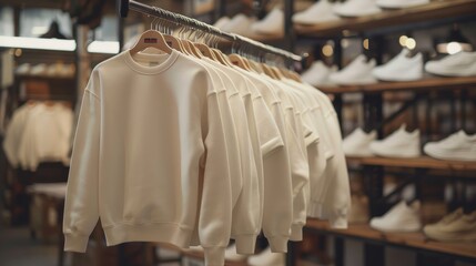 Sweatshirts Hanging Mockup Template blank Ivory color on horizontal rack
