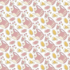 Seamless ornament with doll dishes. White and pink ornament. Vector illustration