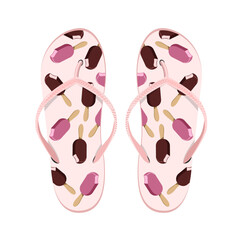 Summer flip flops with popsicle ice cream print,pair,isolated on white background.Vector summer shoes.