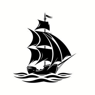 Pirates silhouette of a ship, pirates ship logo or icon black and white. Sailing pirate ship art vector illustration isolated on a white background 