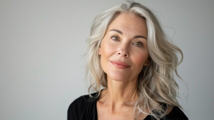 portrait of a beautiful middle-aged Caucasian woman with blond long hair, well-groomed facial skin, studio portrait white background.