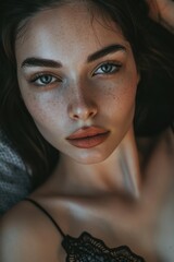 Close-up portrait of a woman with distinctive freckles on her face