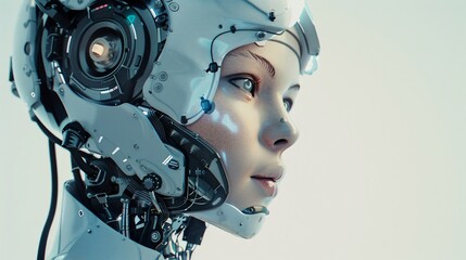 3D rendering of AI research involving robot and cyborg development for future human living, highlighting digital data mining and machine learning technology for a computer brain.