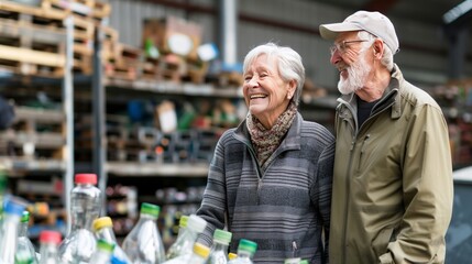 An elderly couple reminisces as they drop off glass recyclables, the depot symbolizing shared memories.