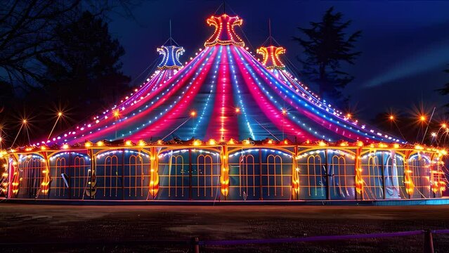 Colorful circus tent illuminated in festive lights during Brazilian carnival. Concept Brazilian Culture, Carnival Celebrations, Circus Tent, Festive Lights, Colorful Decorations