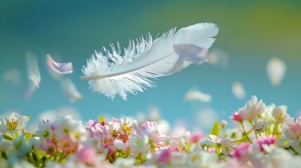 Naklejka premium Ethereal Truth: Feather Falling Softly on Bed of Flowers, Symbolizing Purity and Serenity