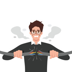 Young stunned man employee get electric shock from wire. Flat vector illustration isolated on white background