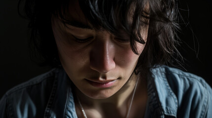 Fototapeta premium Close-up portrait of a young person looking down, wearing a denim shirt
