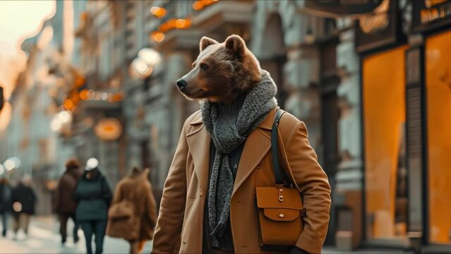 Fashionable bear struts through city in trendy outfit, giving off urban chic vibes. Concept Fashion, City Life, Trendy Outfit, Bear, Urban Chic