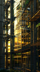 Obraz premium Energy-Efficient Gothic Revival: Abstract Art of a Sustainable Office Building with Solar Panels and Modern Design Elements