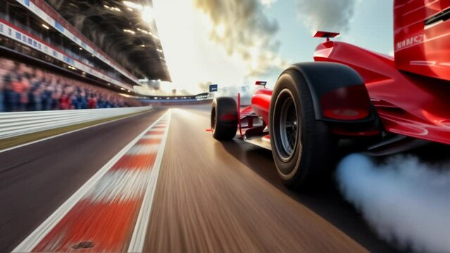 Formula One Car Racing on the Track. The Power of Engineering. For use in sports videos,  or anything that needs to evoke a sense of speed, power, and excitement.