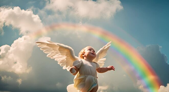 Baby angel with wings in the sky.