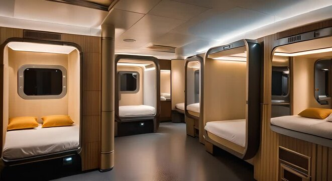 Interior of a capsule hotel with cabins.