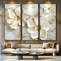 Beautiful 3 panel wall art, realistic hand drawn floral artwork decoration generative AI