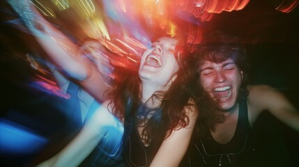 Naklejka premium Two young people laughing and dancing at a nightclub