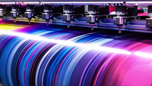 Large inkjet printer in operation producing highquality prints. Concept Inkjet Printing, High-Quality Prints, Large Format Printer, Printing Process, Print Production