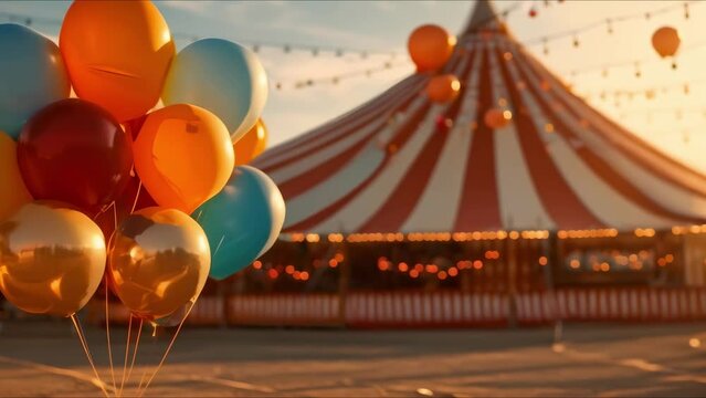 The Joyful Atmosphere of a Colorful Circus Tent and Festive Balloons. Concept Circus, Joyful Atmosphere, Colorful, Festive, Balloons
