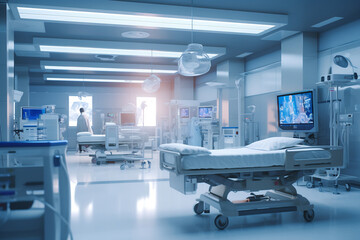 Hospital intensive care ward with empty beds. Modern clinic with advanced equipment. Best medical healthy treatment center
