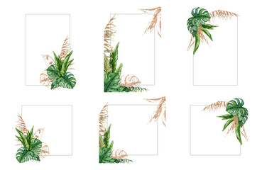 Set of watercolor frames made of tropical leaves with gold. Realistic botanical illustration. Design for invitations, posters, cards, greeting cards, stationery, etc.. © Alyona Pugachova