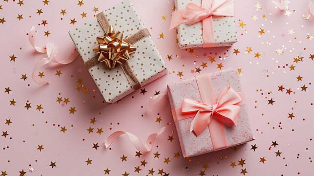 Two elegant gift boxes with ribbon and bow on pink background adorned with gold stars. Perfect for celebrating birthdays, anniversaries, Christmas, and Valentine's Day. 