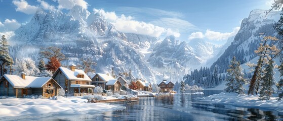 A picturesque mountain village with snow-covered rooftops, cozy cabins, and a snowy landscape
