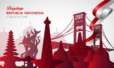 Indonesia independence day design background with famous landmark silhouette