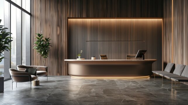 A modern reception area with a desk and chairs, ideal for office or corporate use