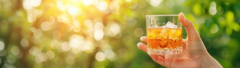 Obraz premium Person holding a glass of whiskey with ice cubes against a sunny, green blurred background. Refreshing moment in nature.