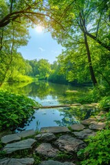 Fototapeta premium A serene landscape featuring a stone path leading to a peaceful pond surrounded by tall trees