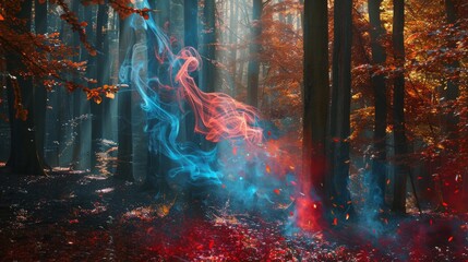 An enchanting woodland setting captured in the midst of autumn, with fiery red leaves adorning the trees and carpeting the forest floor. Colorful wisps of smoke rise from the earth,  