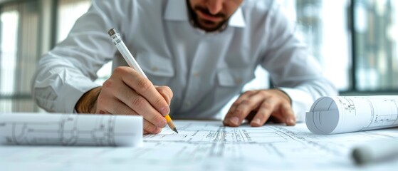 A professional architect reviewing blueprints, suitable for construction and design