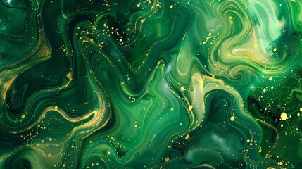 Vibrant emerald and lime blend gold accents liquid patterns star points shamrock shapes. background