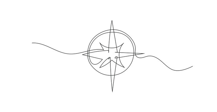 One continuous single line of compass for navigation isolated on white background.
