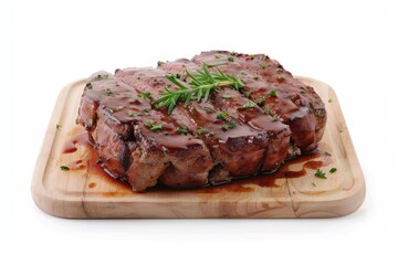 Close up of a juicy grilled steak with rosemary and sauce on a wooden board.