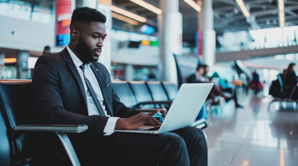 Professional Man in Black Suit at Airport Lounge